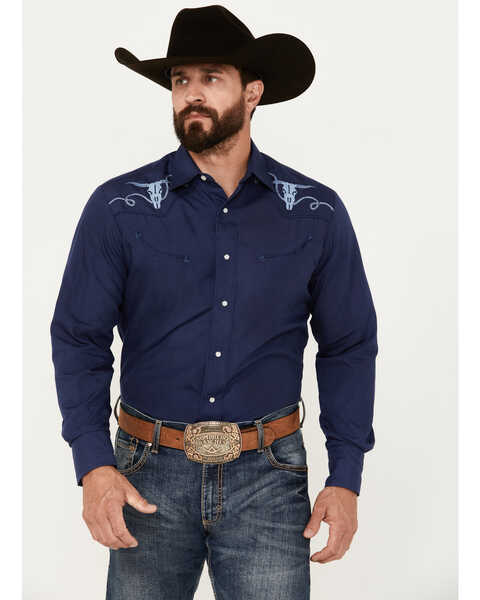 Roper Men's Embroidered Long Sleeve Pearl Snap Western Shirt, Navy, hi-res