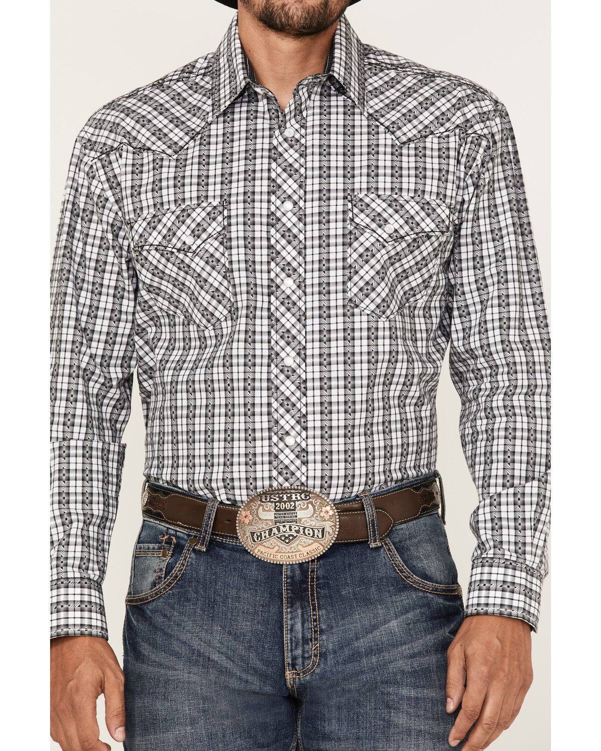 Image #3 - Rough Stock By Panhandle Men's Dobby Small Plaid Print Long Sleeve Pearl Snap Western Shirt, White, hi-res
