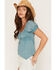 Image #2 - Angie Women's Gathered Self Tie Short Sleeve Top, Blue, hi-res