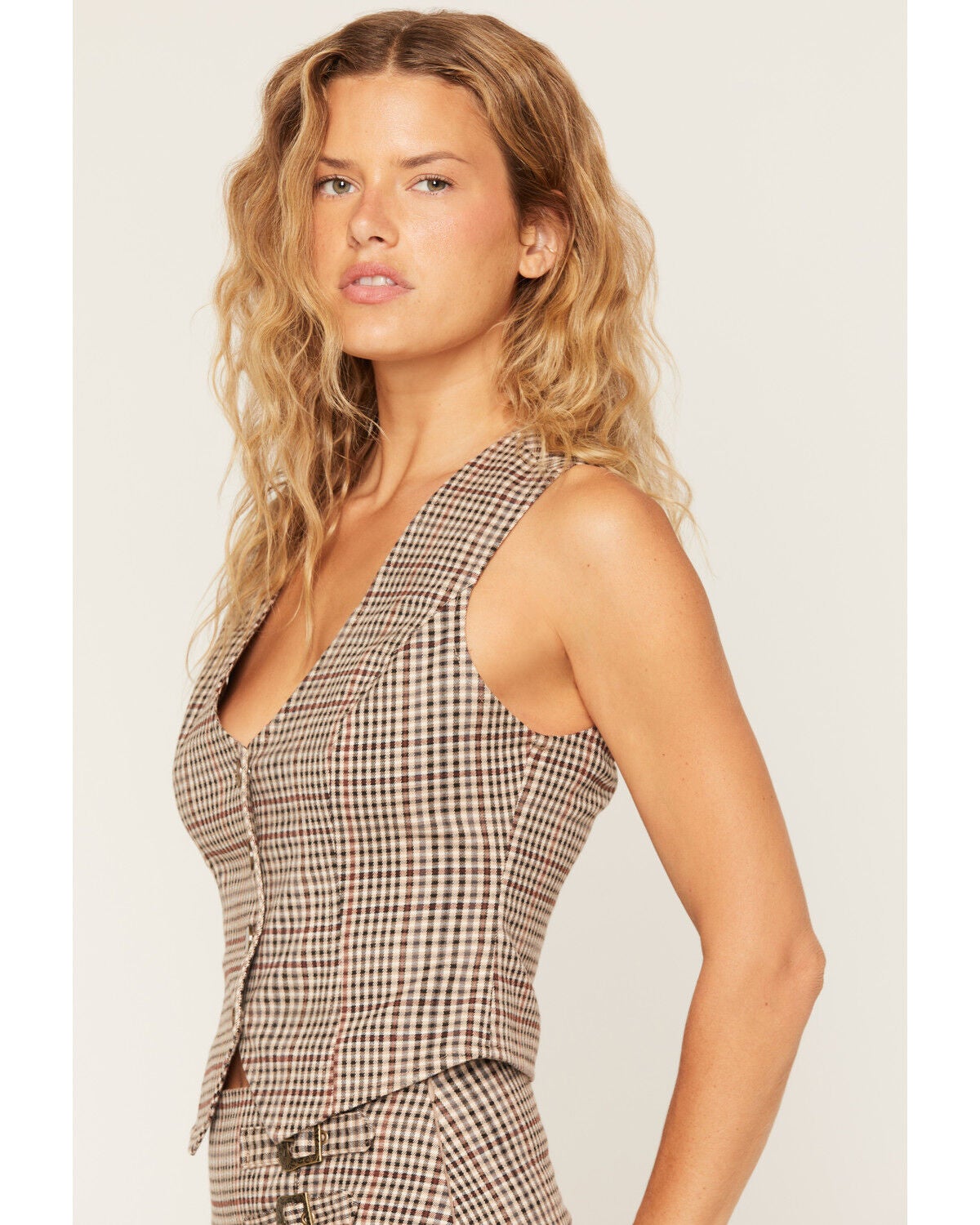 Image #2 - Ashley Women's Boot Barn Exclusive Plaid Print Button-Front Vest, Black/tan, hi-res