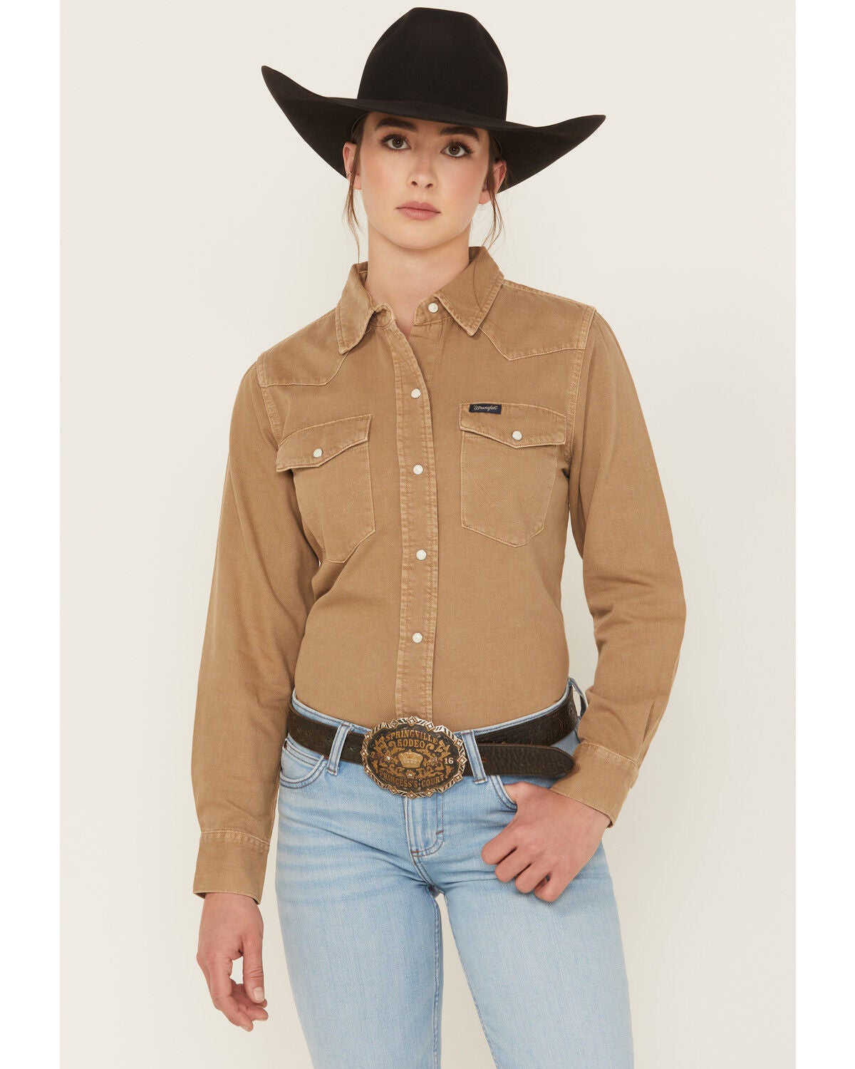 Image #1 - Wrangler Retro Women's Vintage Denim Long Sleeve Snap Western Shirt, Tan, hi-res
