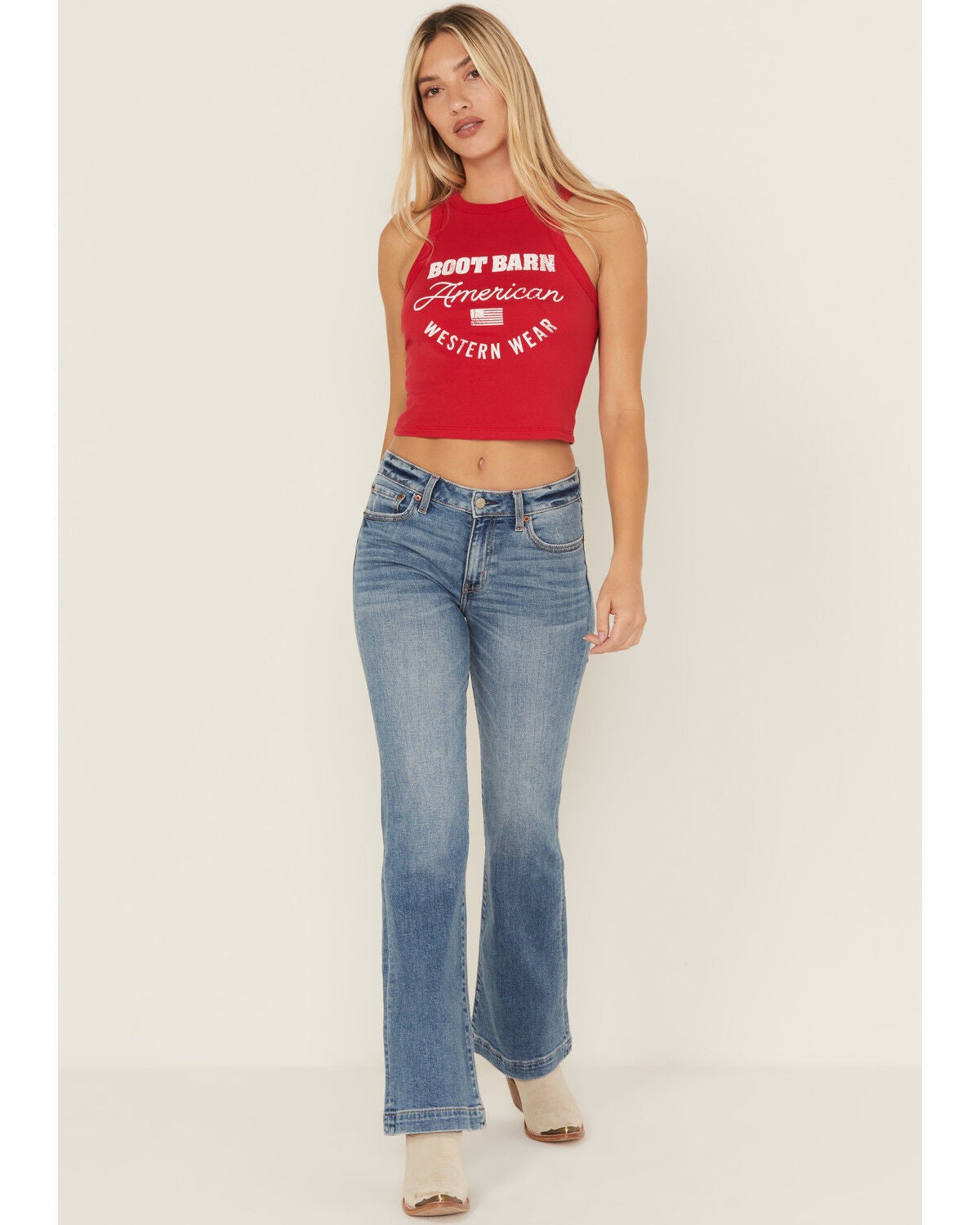 Daze Women's Text Me Medium Wash Mid Rise Flare Stretch Denim Jeans, Medium Wash, hi-res