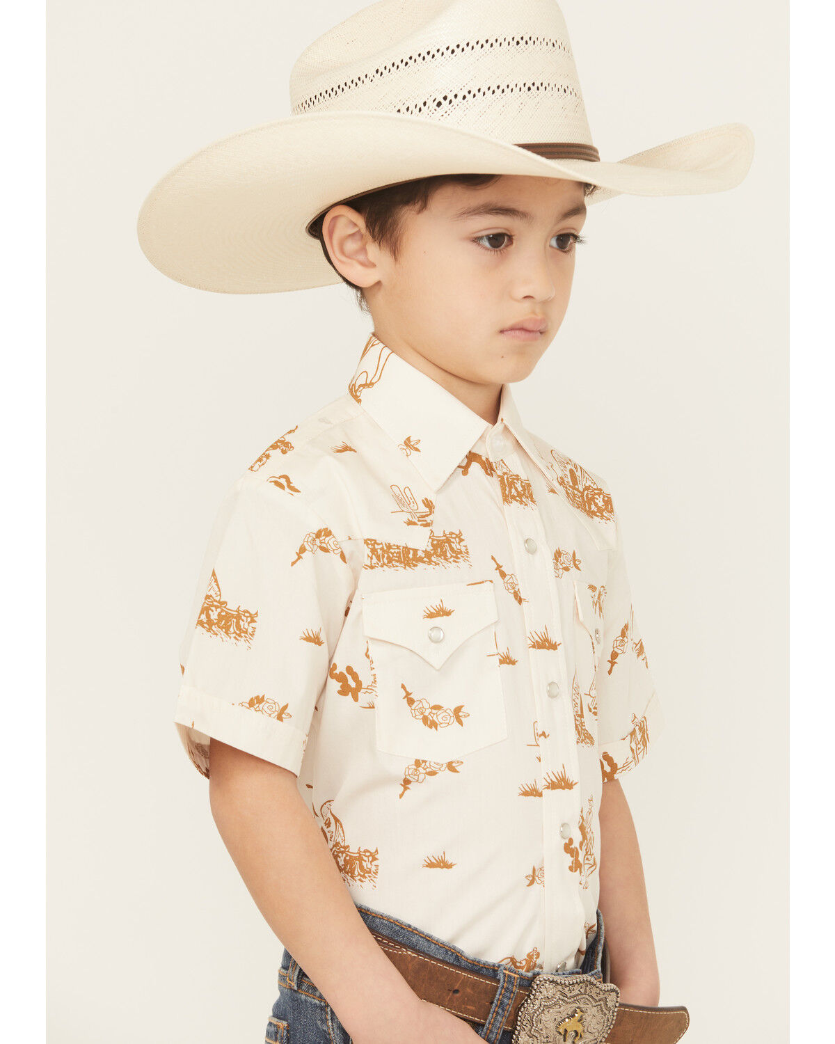 Image #2 - Ely Walker Boys' Conversation Print Short Sleeve Pearl Snap Western Shirt, Tan, hi-res