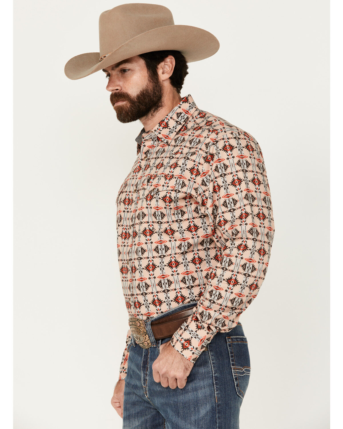 Image #2 - Rodeo Clothing Men's Southwestern Print Long Sleeve Snap Stretch Western Shirt, Tan, hi-res