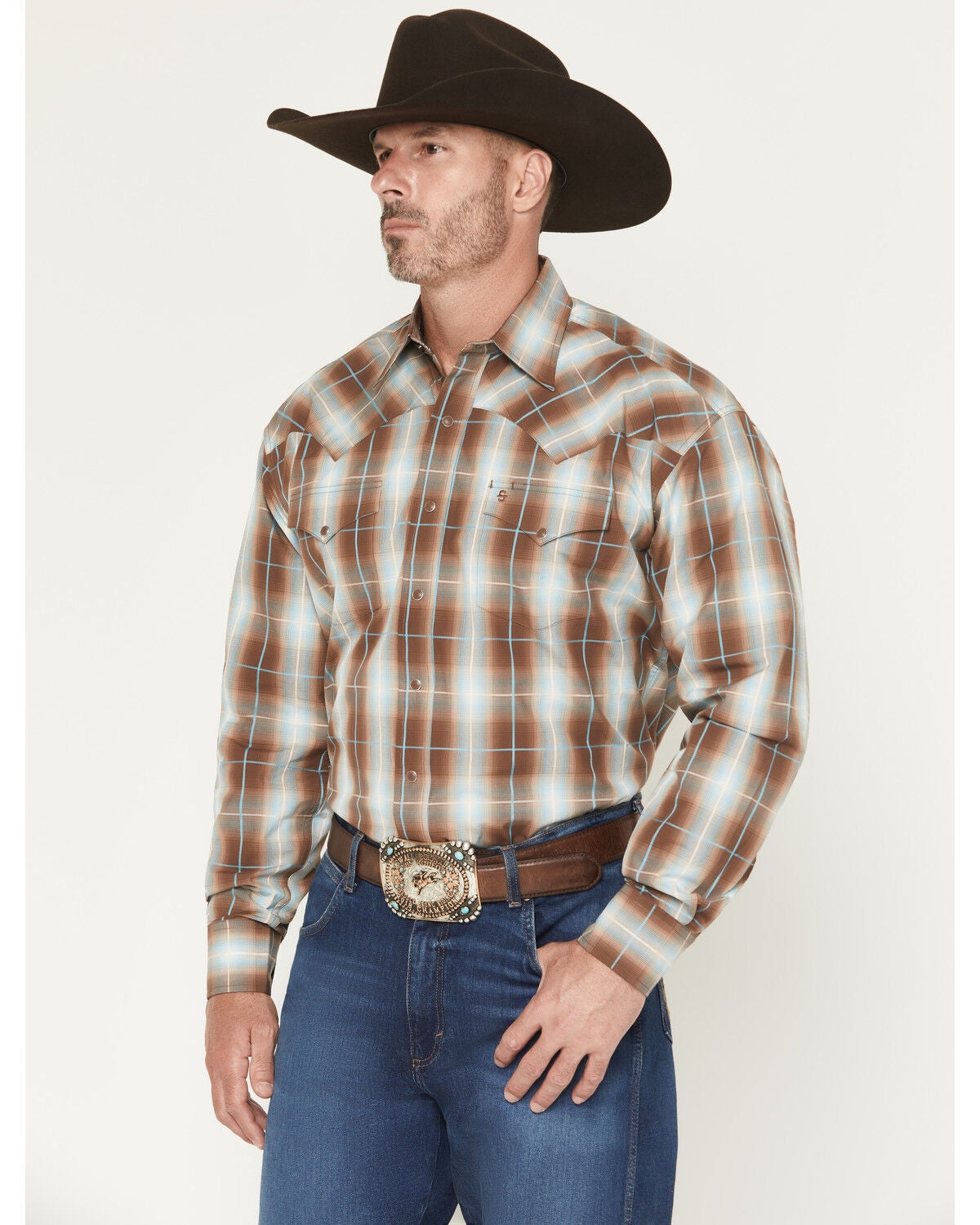 Stetson Men's Plaid Print Long Sleeve Snap Western Shirt, Brown, hi-res