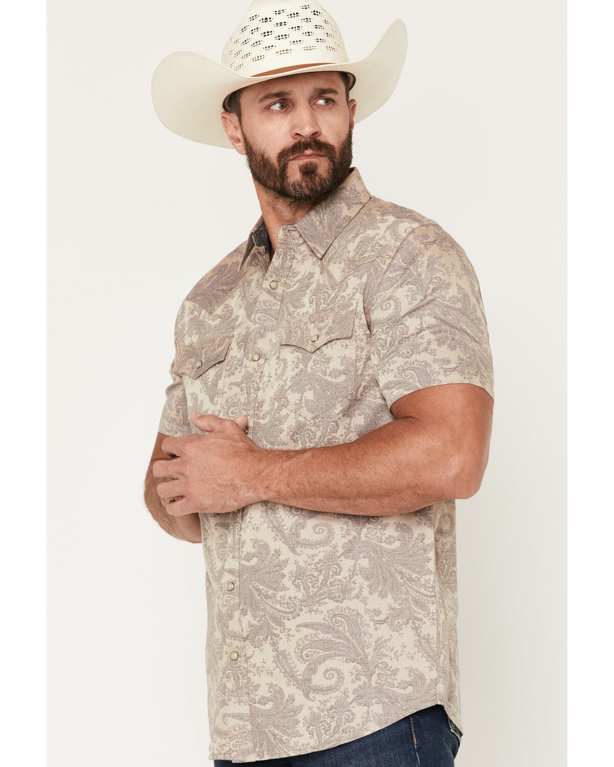 Image #2 - Moonshine Spirit Men's Regal Rebellion Paisley Print Short Sleeve Snap Western Shirt, Purple, hi-res