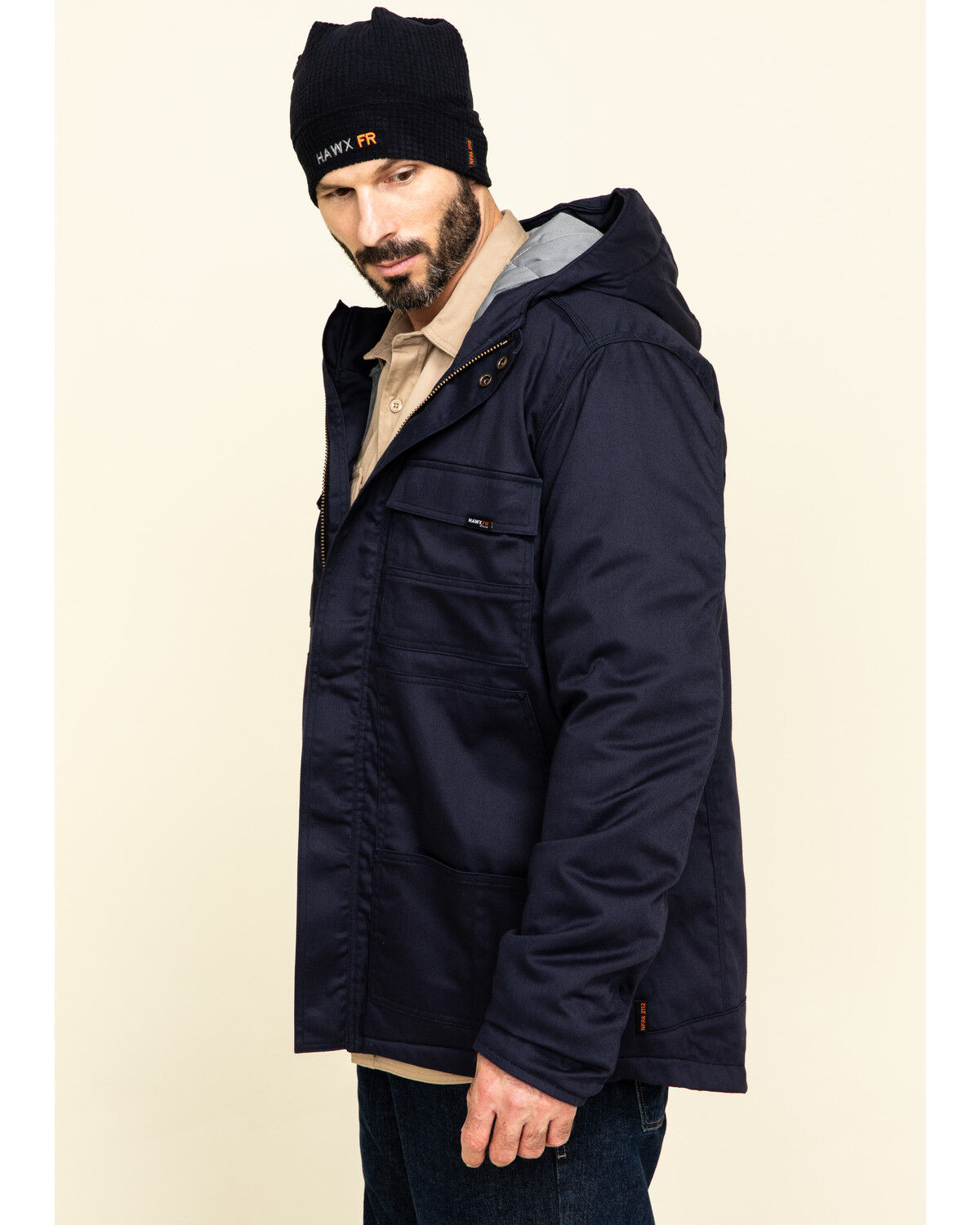 Image #3 - Hawx Men's FR Duck Hooded Work Jacket - Tall, Navy, hi-res