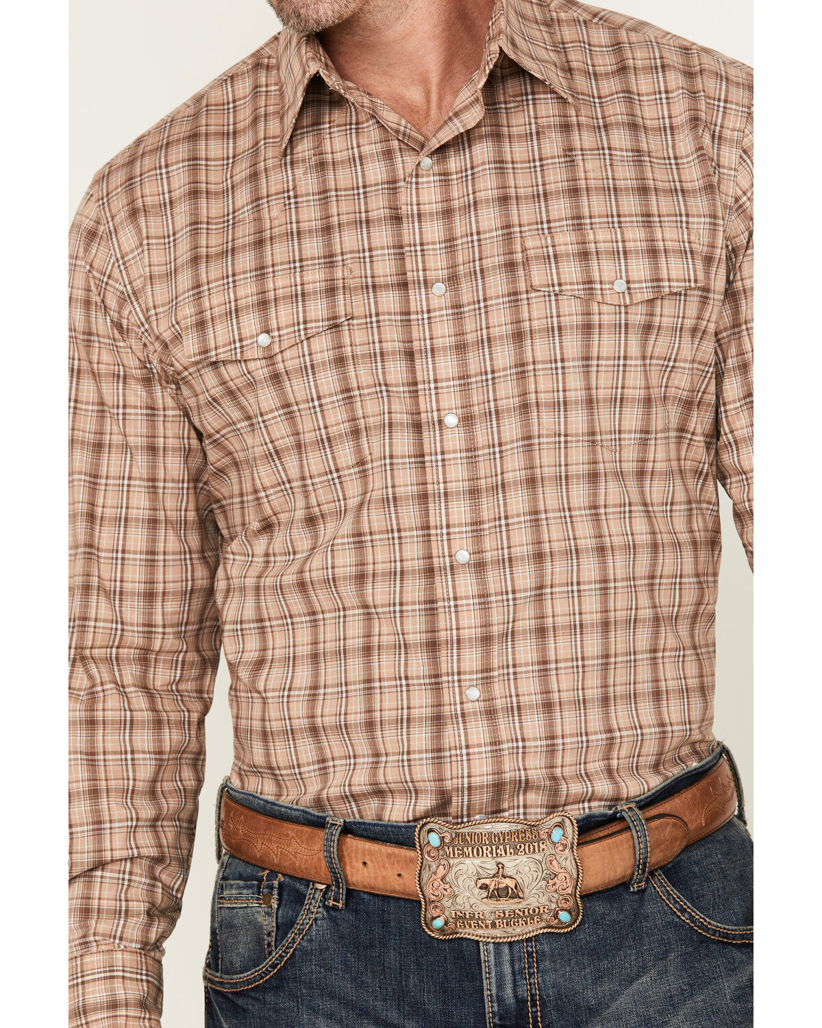 Image #3 - Wrangler Men's Wrinkle Resistant Plaid Print Long Sleeve Snap Stretch Western Shirt, Brown, hi-res