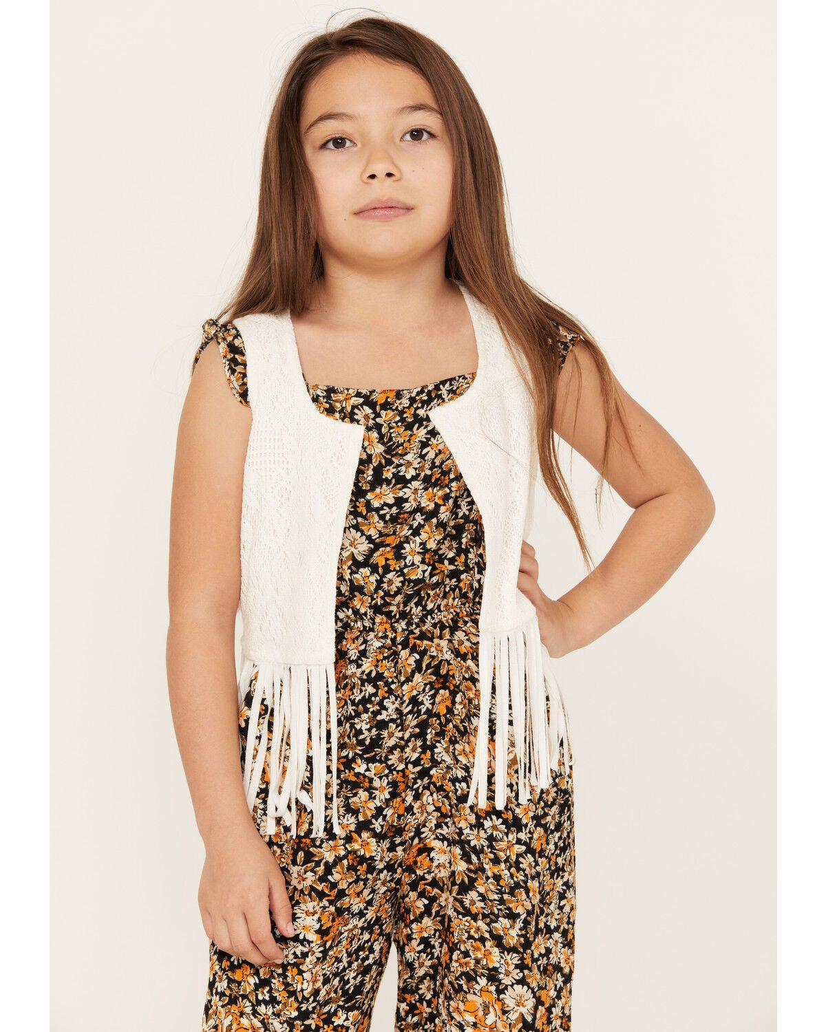 Shyanne Girls' Fringe Lace Vest, Cream, hi-res