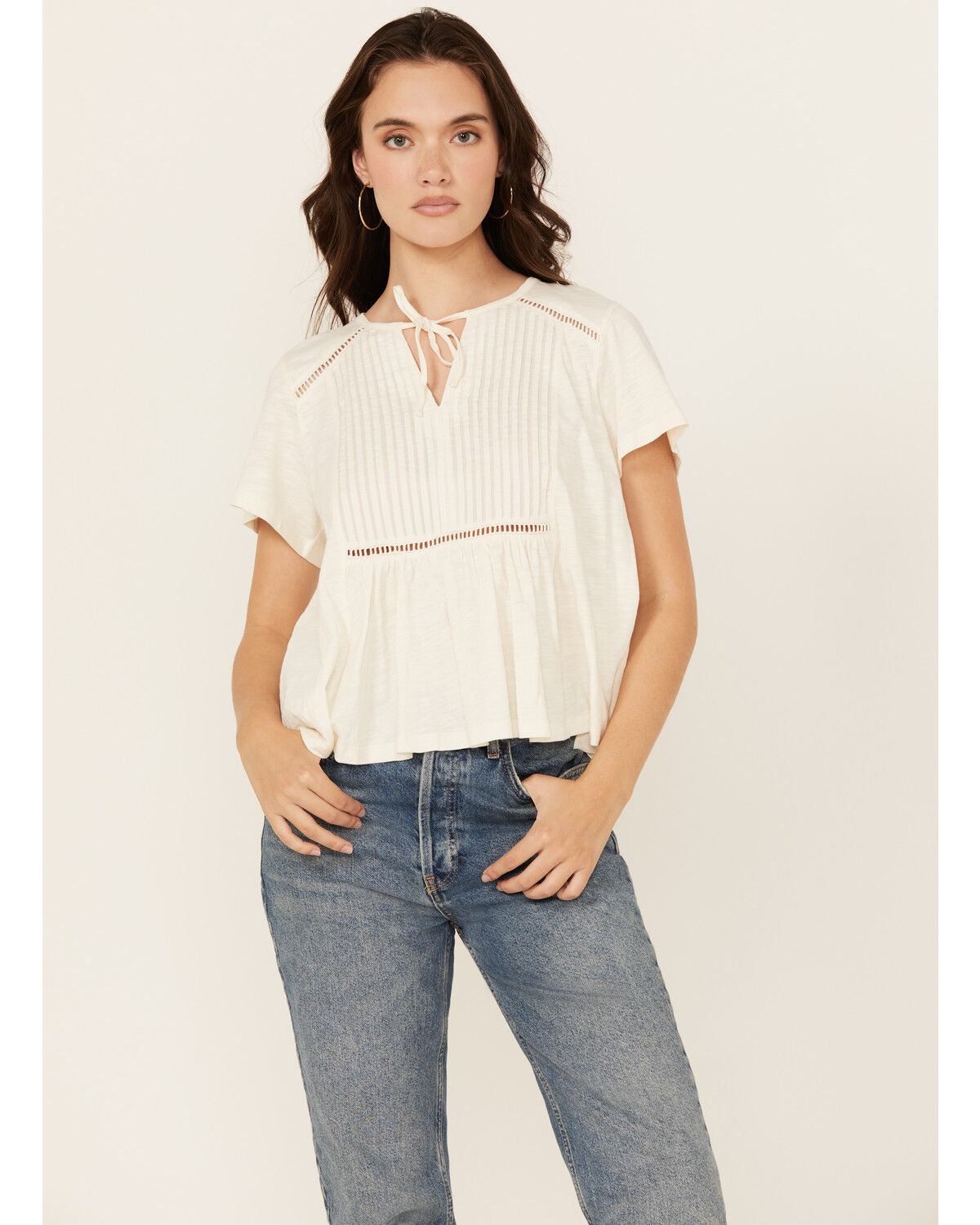 Image #1 - Cleo + Wolf Women's Bella Pintuck Detail Peasant Short Sleeve Blouse, Cream, hi-res
