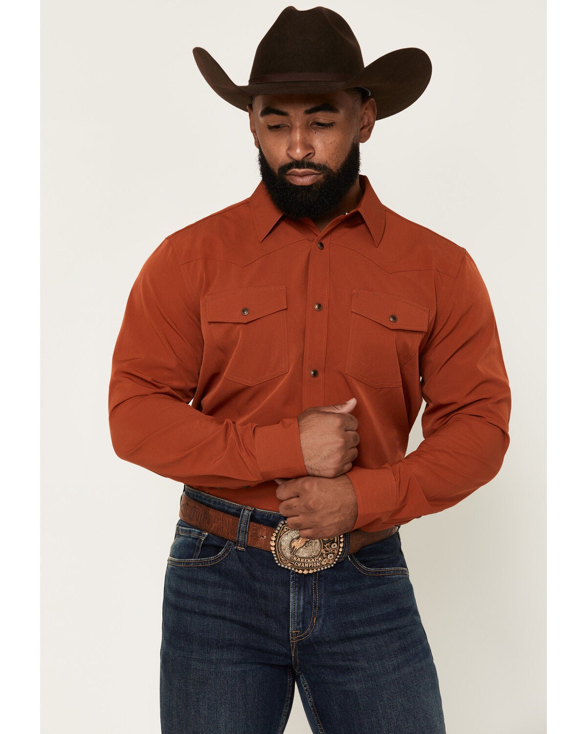 RANK 45&reg; Men's Rodeo Tech 2.0 Remming Solid Long Sleeve Stretch Performance Shirt, Rust Copper, hi-res