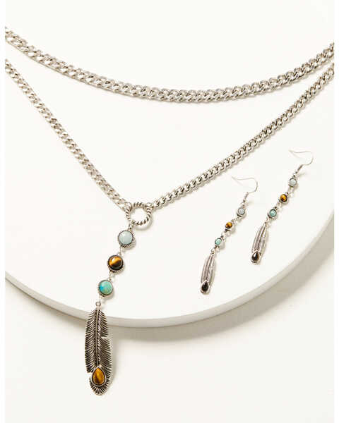 Shyanne Women's Juniper Sky Feather Necklace Earring Set - 2 Piece, Silver, hi-res