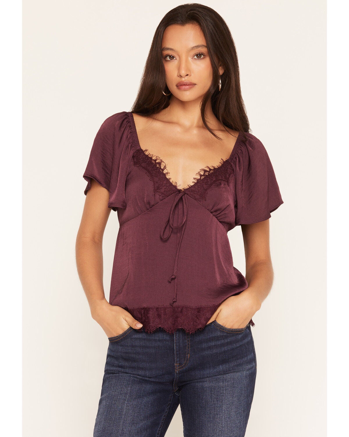 Image #1 - Wild Moss Women's Short Sleeve Lace Inset Top, Wine, hi-res