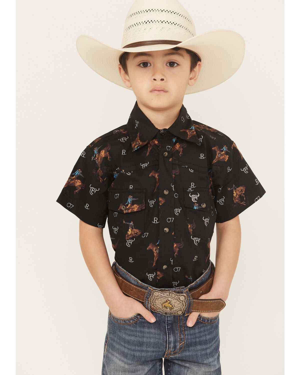 Image #1 - Cowboy Hardware Boys' Bronc Short Sleeve Snap Stretch Western Shirt, Black, hi-res