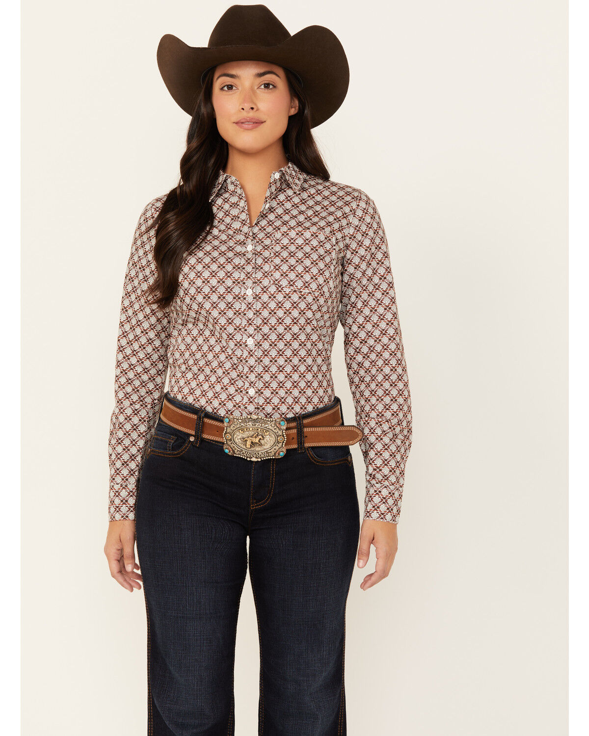 Image #1 - Shyanne Women's Geo Print Long Sleeve Button-Down Stretch Riding Shirt, Dark Red, hi-res