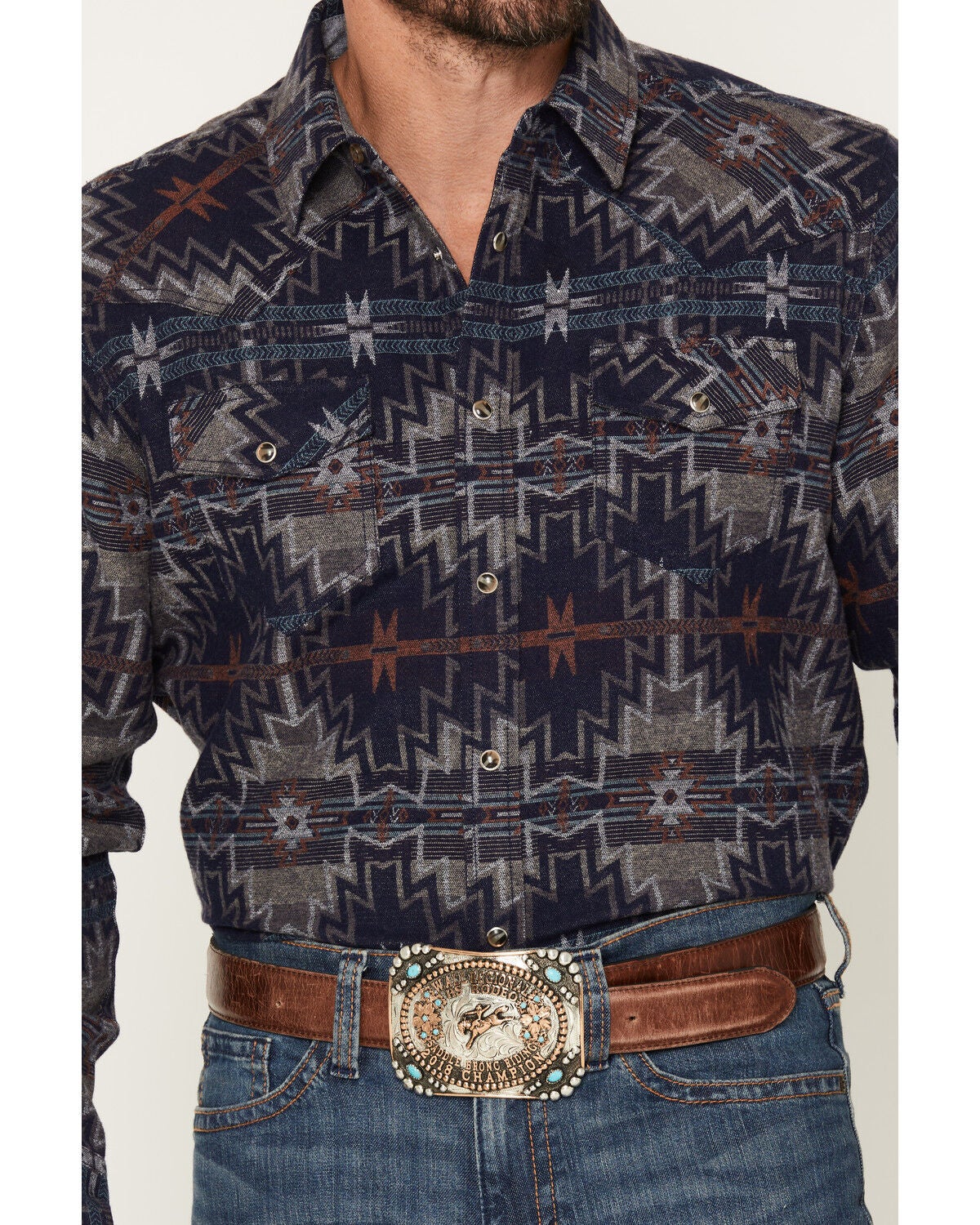Image #3 - Cody James Men's Bowie Knife Southwestern Print Long Sleeve Snap Flannel Shirt, Navy, hi-res