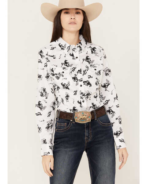 Wrangler Women's Long Sleeve Rodeo Print Snap Western Shirt, White, hi-res