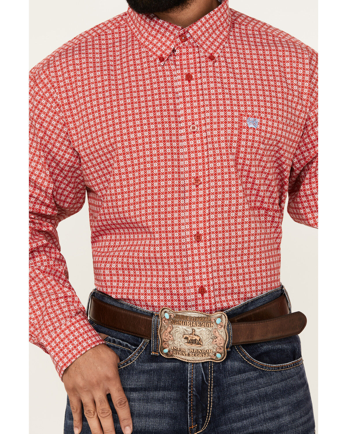 Image #3 - Cinch Men's Geo Print Long Sleeve Button-Down Western Shirt, Red, hi-res