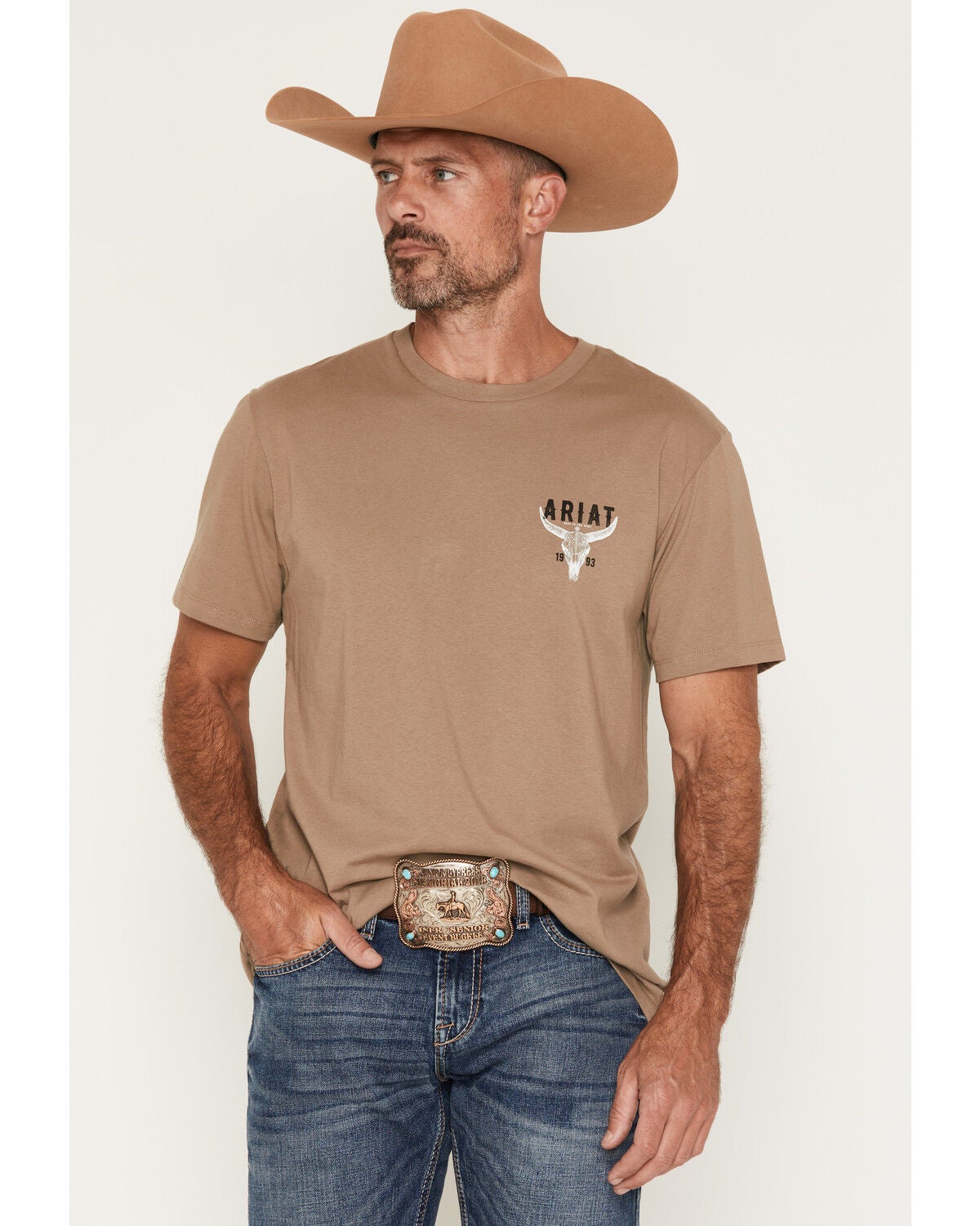 Ariat Men's Best Longhorn Short Sleeve Graphic T-Shirt, Taupe, hi-res