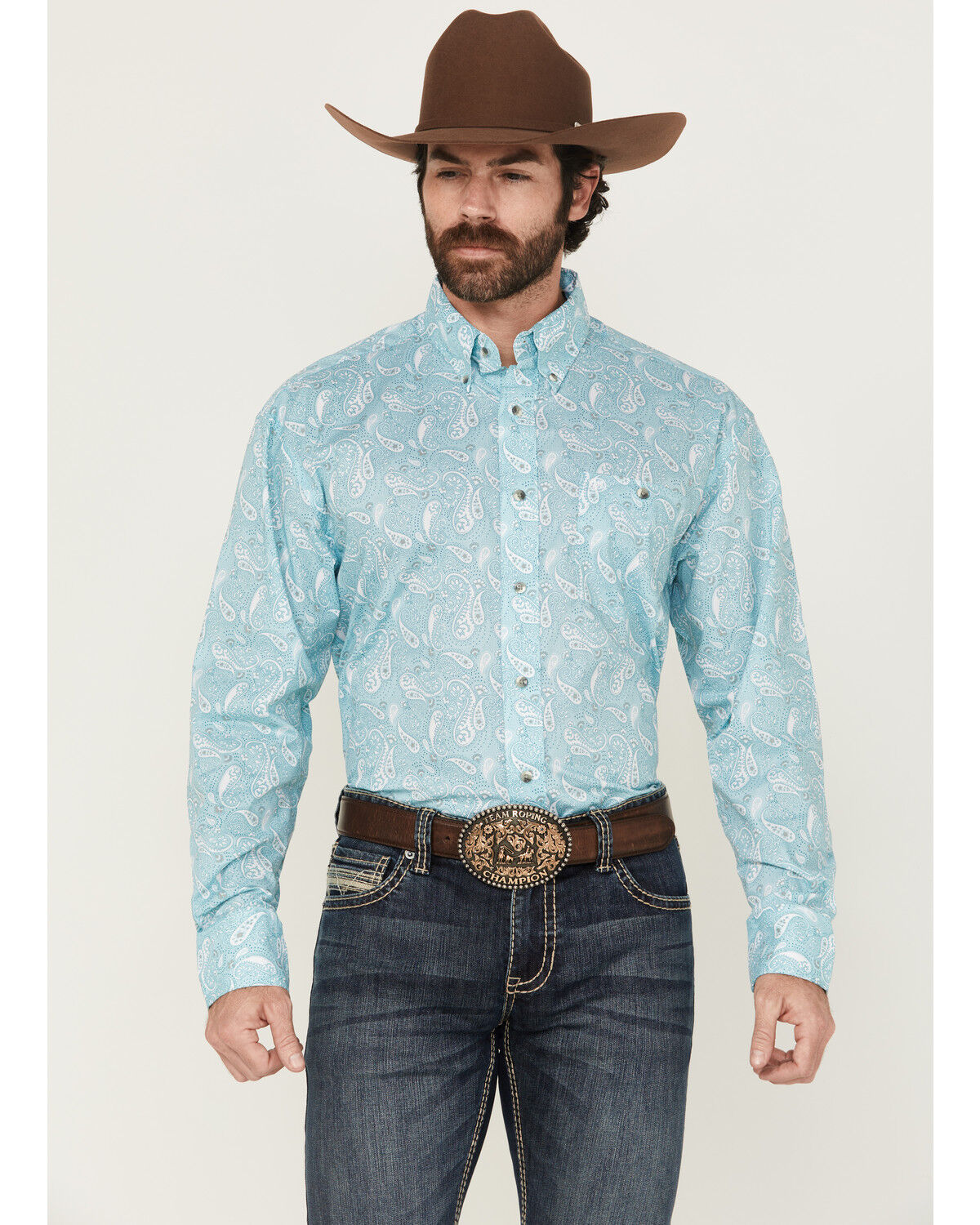 Image #1 - Wrangler Men's Paisley Print Long Sleeve Button-Down Stretch Western Shirt, Aqua, hi-res