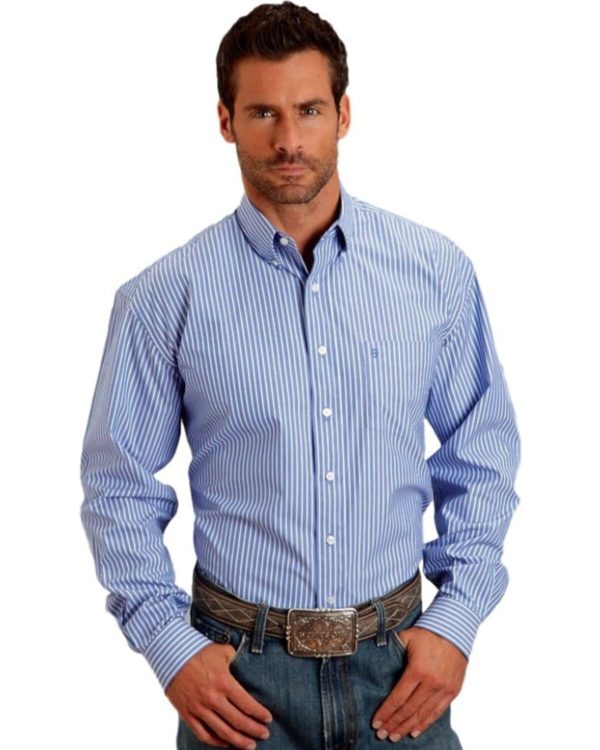 Image #1 - Stetson Men's Open One Pocket Striped Long Sleeve Button Down Western Shirt, Blue, hi-res