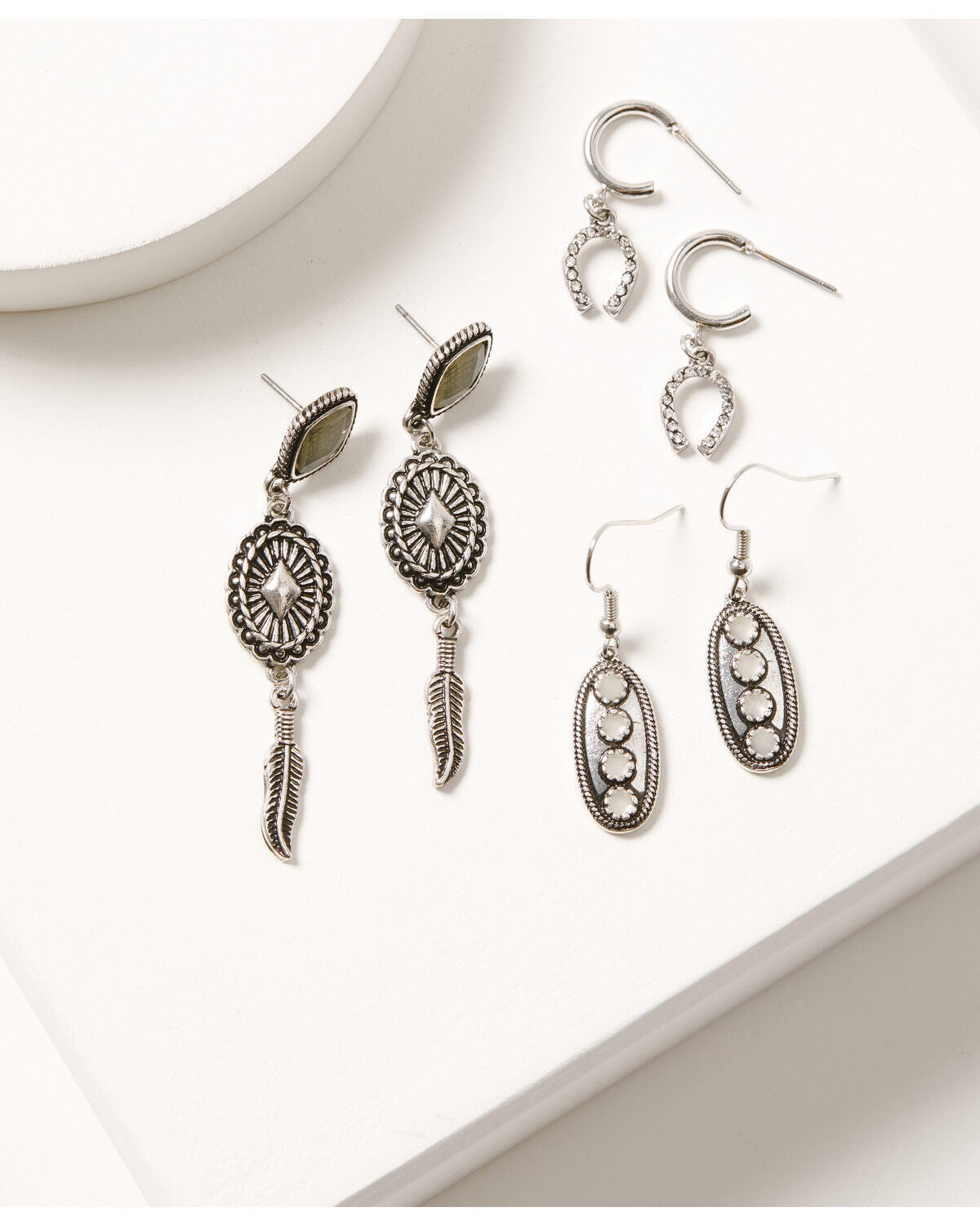 Image #1 - Shyanne Women's Boho Western Horseshoe and Feather Charm Earring Set - 3 Piece, Silver, hi-res