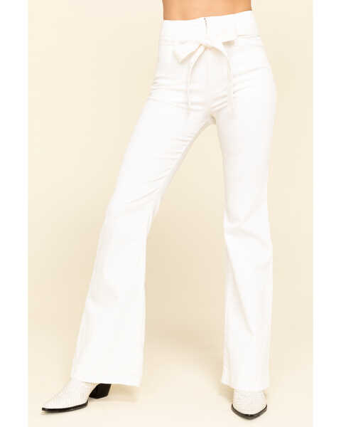 Flying Tomato Women's Tie Front Flare Jeans, White, hi-res