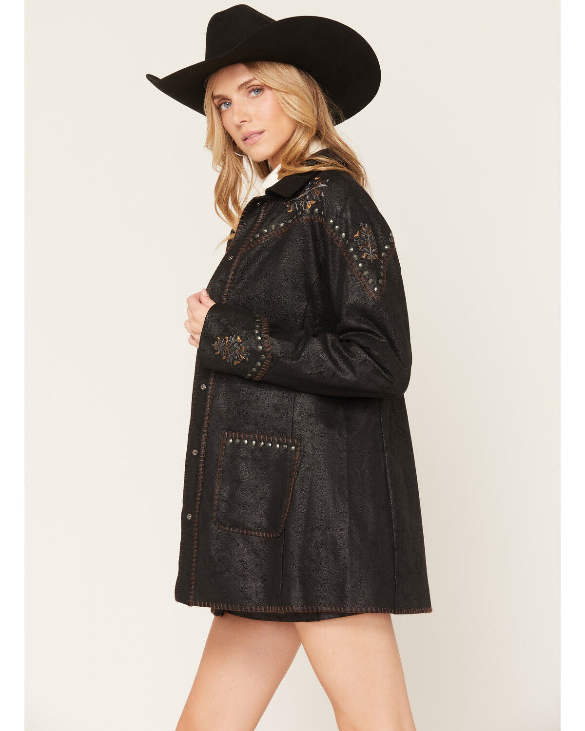 Image #2 - Shyanne Women's Faux Suede Metallic Embroidered Studded Jacket, Black, hi-res