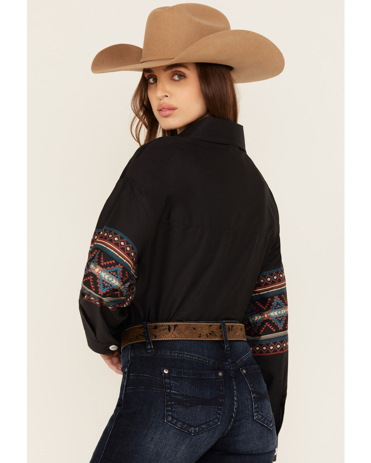 Image #4 - Rock & Roll Denim Women's Southwestern Border Print Cropped Long Sleeve Button-Down Western Shirt, Black, hi-res