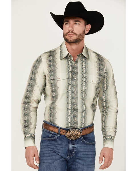 Wrangler Men's Checotah Long Sleeve Pearl Snap Western Shirt - Tall , Tan, hi-res