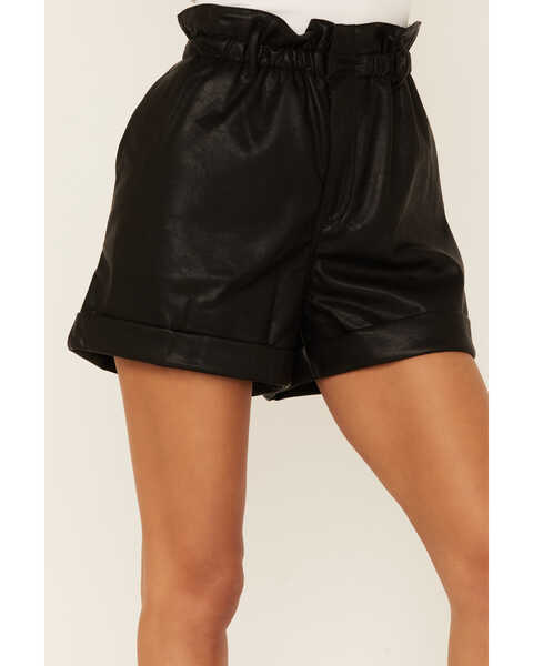 Image #2 - Lush Women's Pleather Paperbag High Waisted Shorts, Black, hi-res