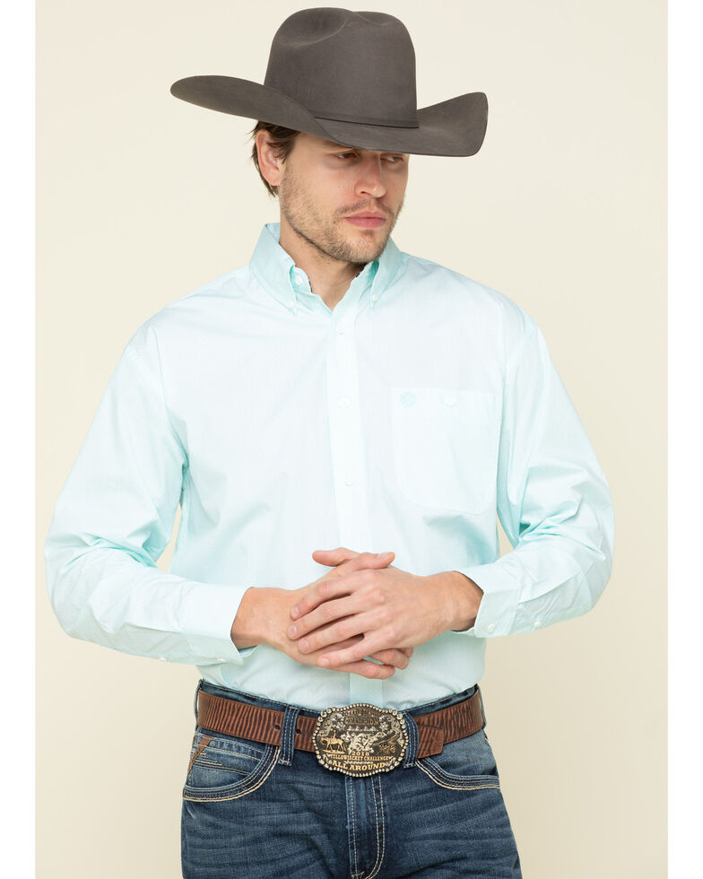 George Strait By Wrangler Men's Turquoise Small Geo Print Long Sleeve Western Shirt , Turquoise, hi-res