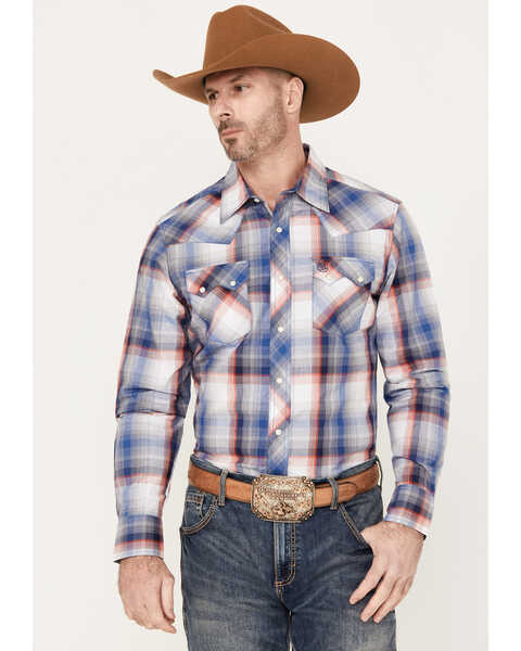 Image #1 - Wrangler Retro Men's Plaid Print Long Sleeve Snap Western Shirt, Blue, hi-res