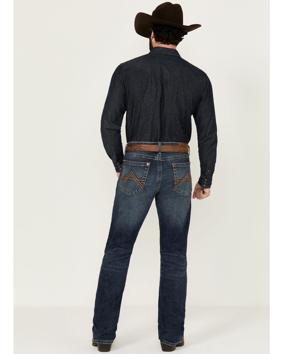 Image #3 - Rock 47 by Wrangler Men's Cowboy Hat Dark Wash Slim Bootcut Stretch Denim Jeans, Dark Medium Wash, hi-res