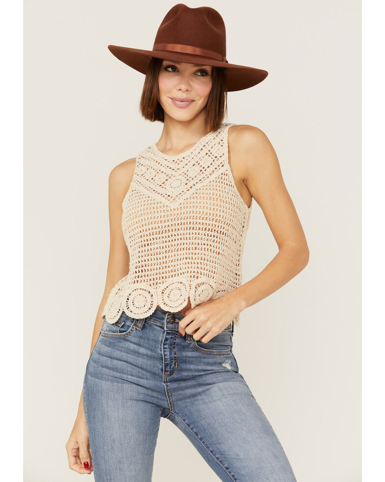 Saints & Hearts Women's Crochet Knit Sleeveless Top, Natural, hi-res