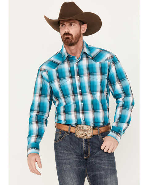 Roper Men's Amarillo Plaid Print Long Sleeve Western Pearl Snap Shirt, Bright Blue, hi-res