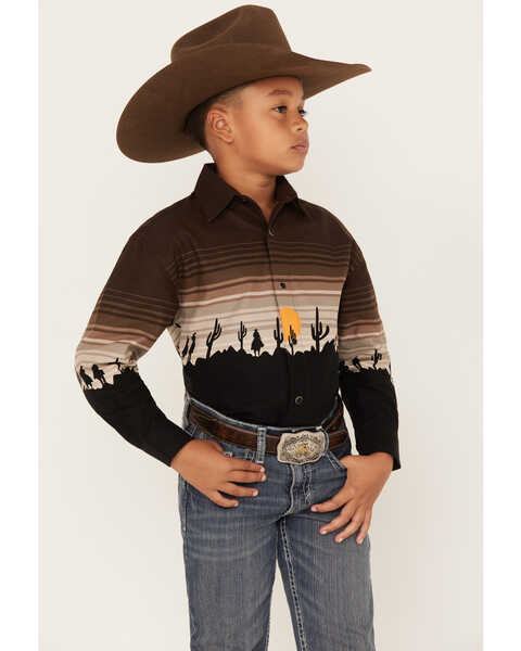 Panhandle Boys' Cactus Sunset Border Print Long Sleeve Snap Western Shirt, Black, hi-res