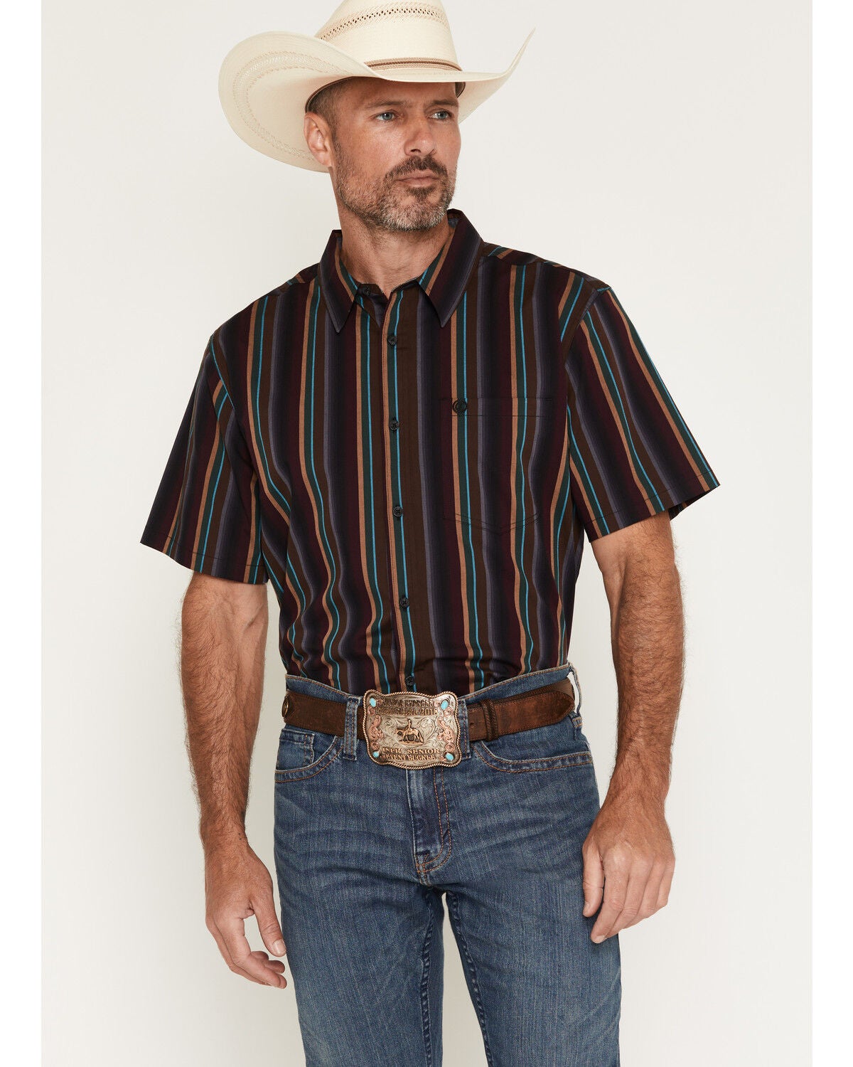 Image #1 - Cody James Men's Striper Striped Short Sleeve Button-Down Stretch Western Shirt, Multi, hi-res
