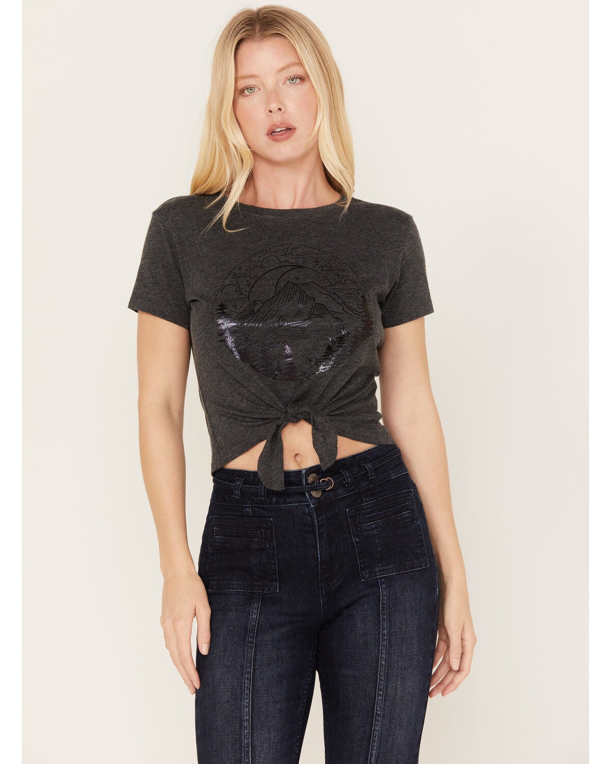 Shyanne Women's Tie-Front Foil Mountain Graphic Tee, Charcoal, hi-res