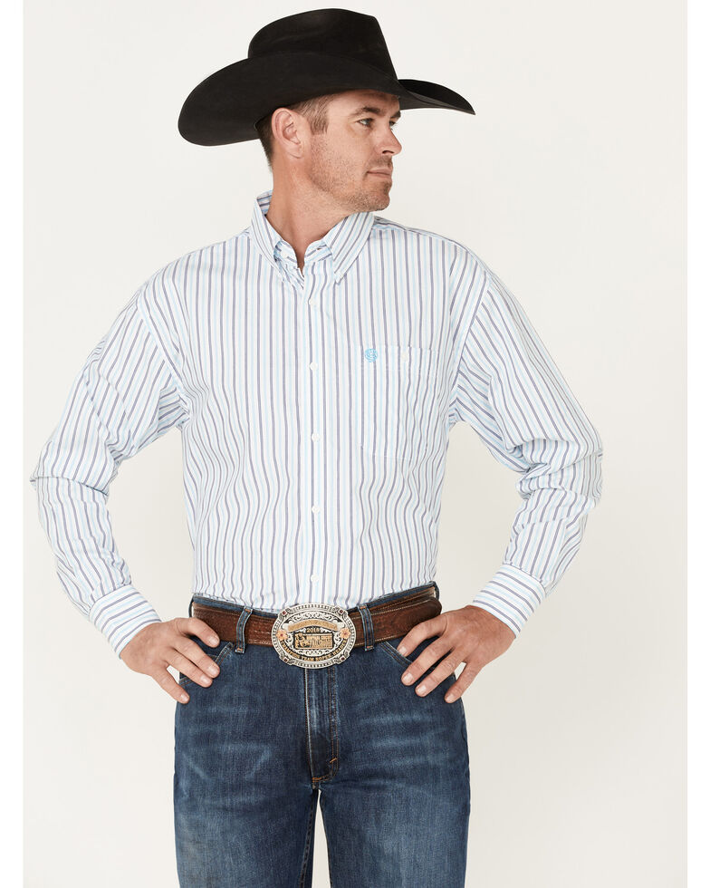 Wrangler Men's George Strait Stripe Long Sleeve Button-Down Shirt - Big & Tall, Blue, hi-res