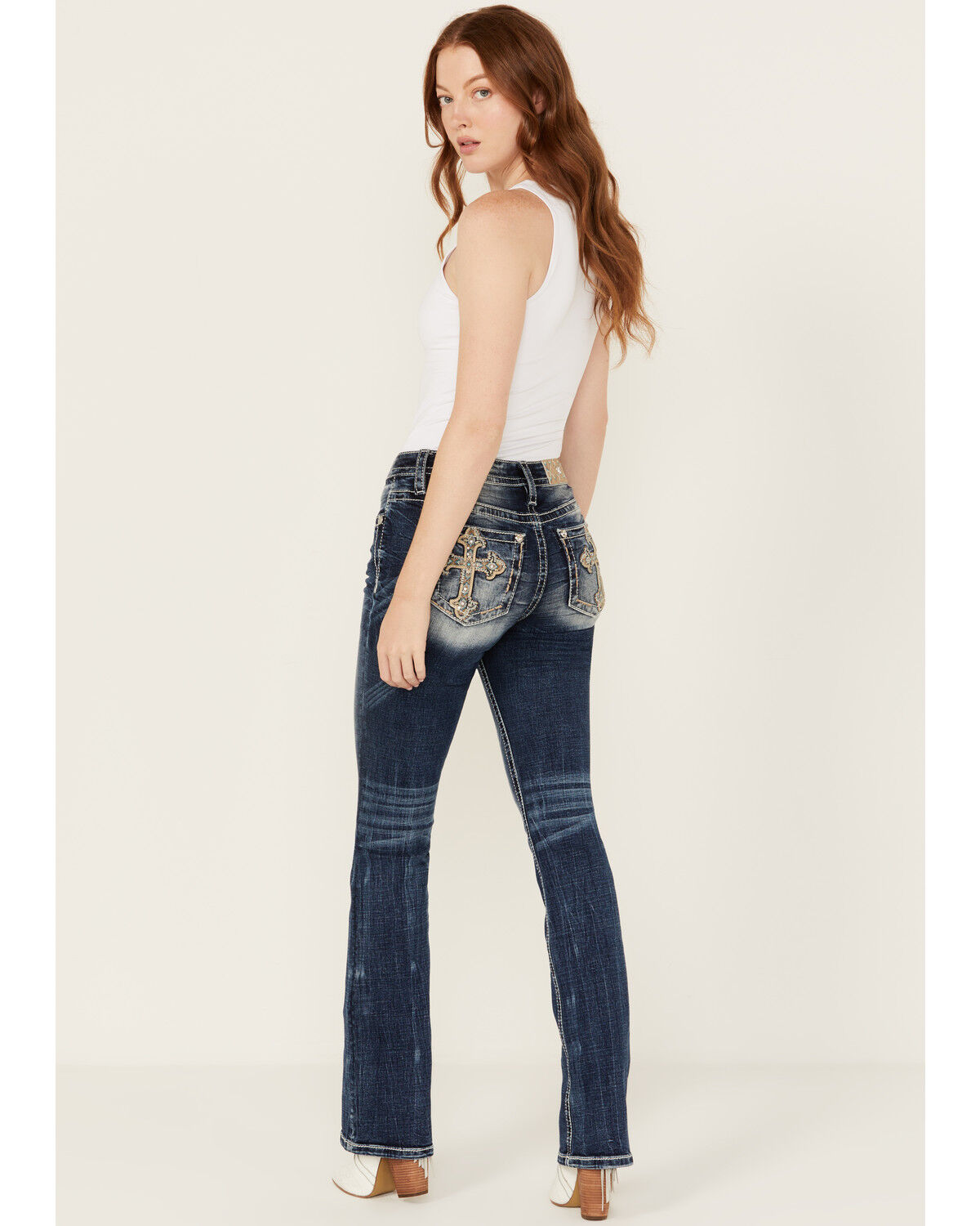 Image #1 - Miss Me Women's Dark Wash Cross Pocket Mid Rise Bootcut Stretch Denim Jeans, Dark Wash, hi-res