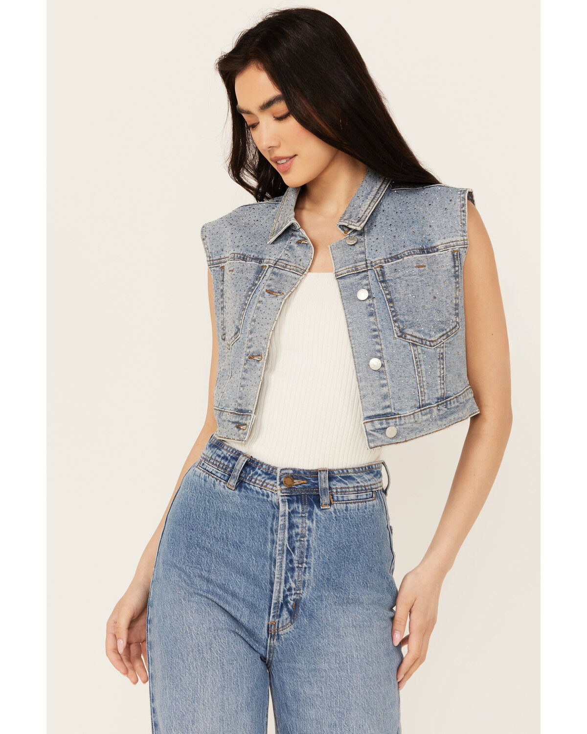 Image #1 - Vibrant Denim Women's Cropped Embellished Light Wash Denim Vest, Light Wash, hi-res