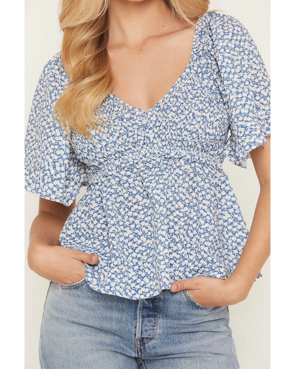 Image #3 - Yura Women's Boot Barn Exclusive Floral Print Smocked Front Short Sleeve Top, Blue, hi-res