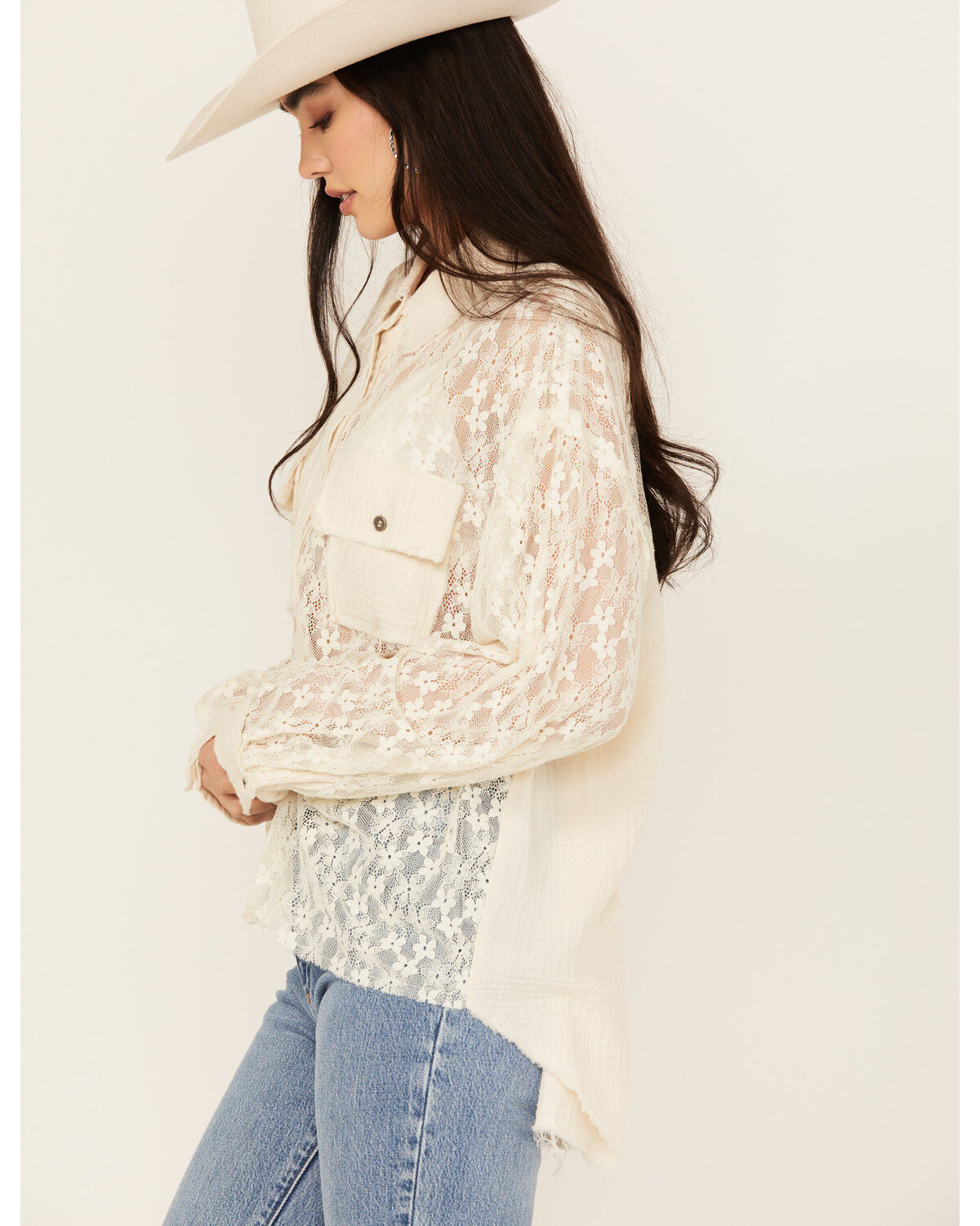 Image #3 - People of Leisure Women's Floral Lace Long Sleeve Button-Down Shirt, White, hi-res