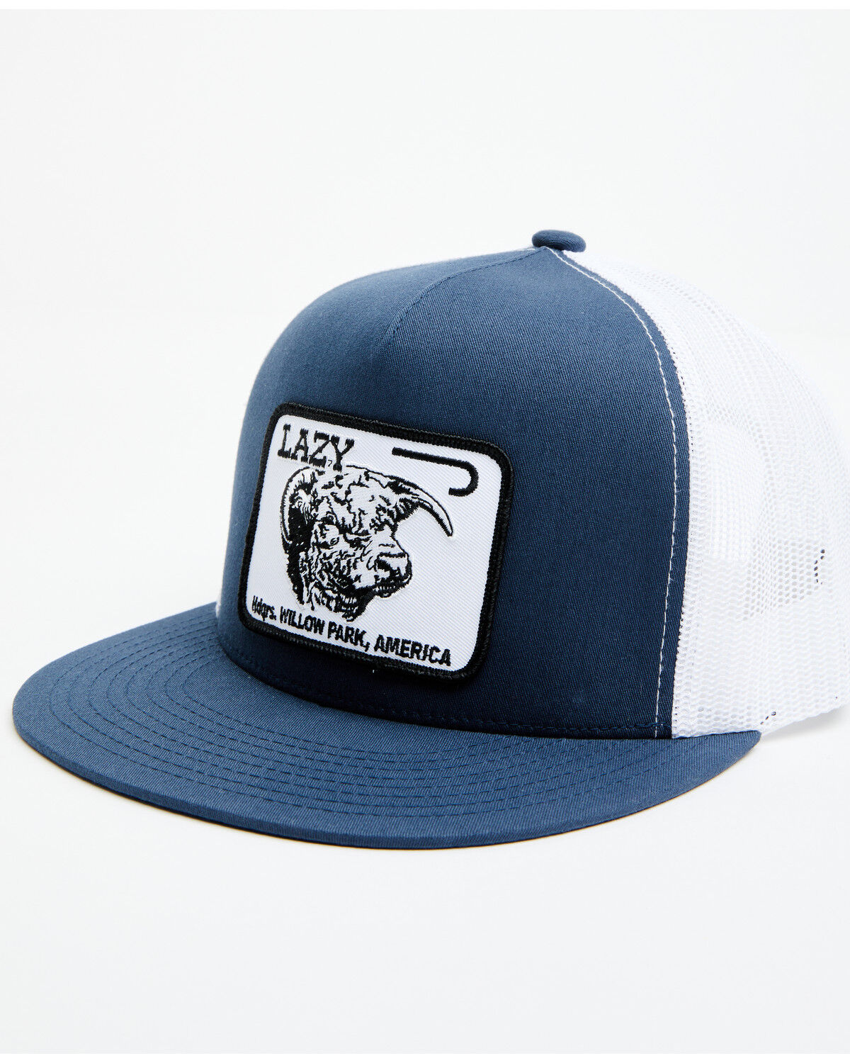 Image #1 - Lazy J Ranch Men's Willow Blue & White Large Patch Mesh-Back Ball Cap, Navy, hi-res