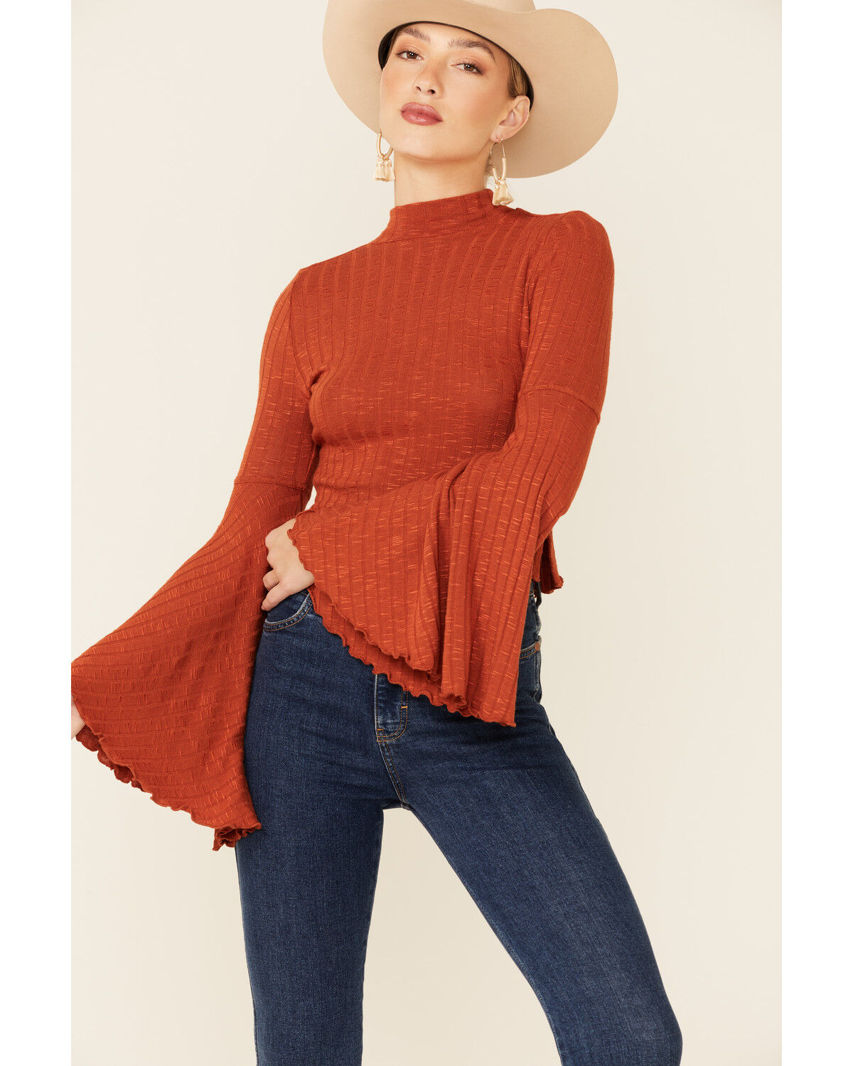 Image #1 - Shyanne Women's Rib Knit Mock Neck Bell Sleeve Top, Camel, hi-res