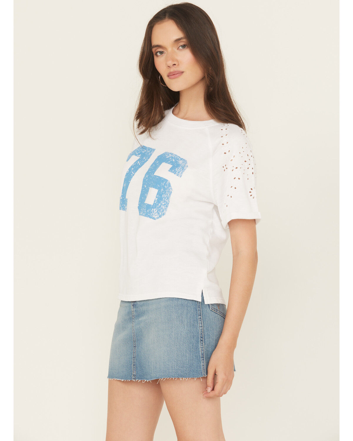 Image #2 - Blended Women's Eyelet Embroidered Short Sleeve Graphic Tee, White, hi-res