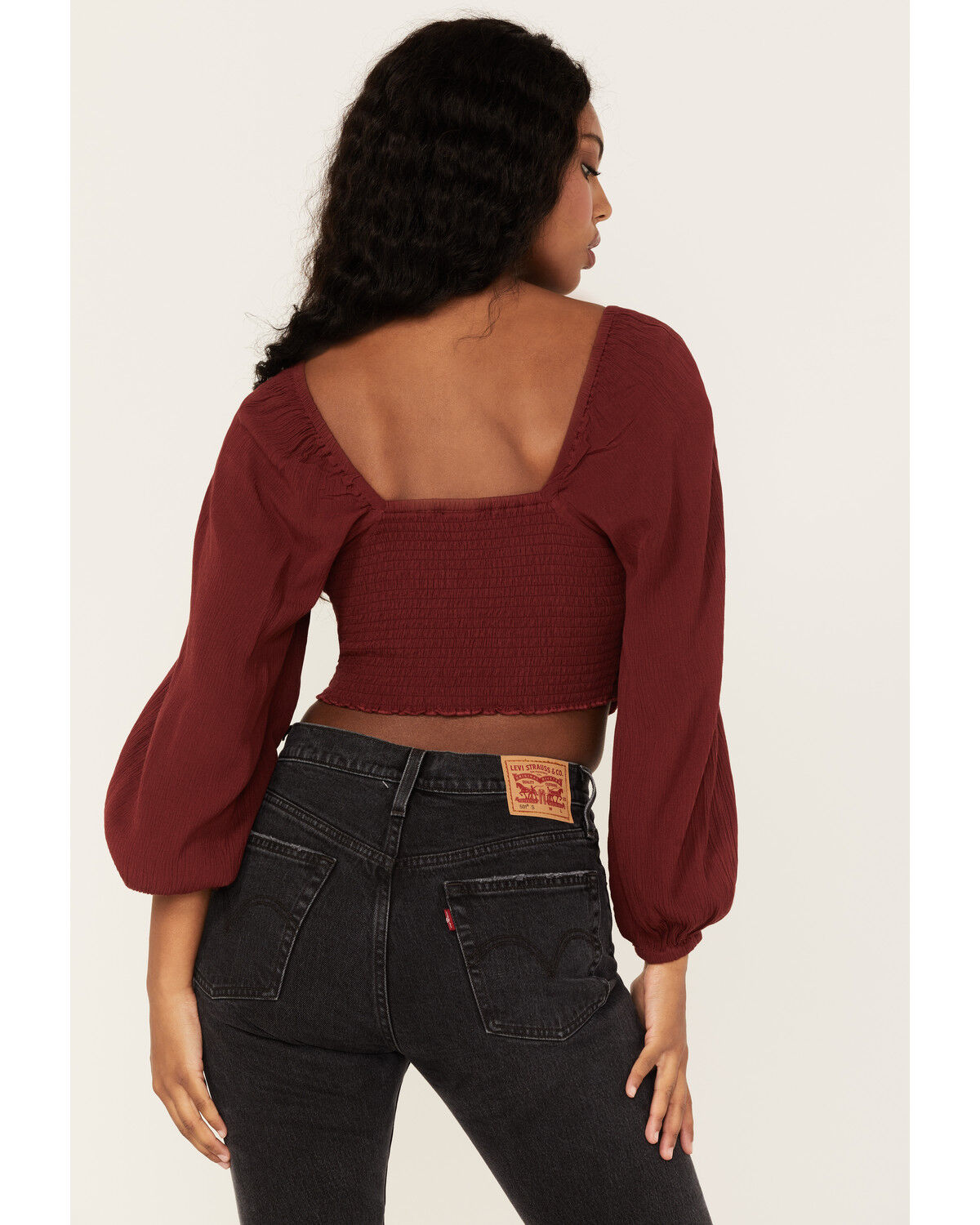 Image #4 - Shyanne Women's Embroidered Mesh Dot Poet Sleeve Crop Top, Wine, hi-res