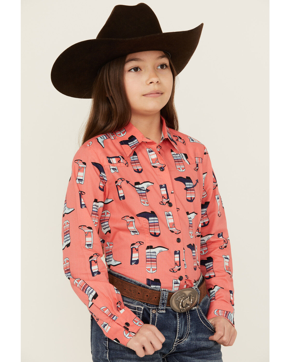 Image #2 - Cruel Girl Girls' Boot Print Long Sleeve Pearl Snap Western Shirt, Coral, hi-res