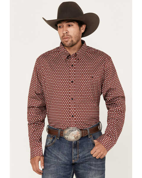 RANK 45 Men's Timing Geo Print Long Sleeve Button Down Western Shirt, Red, hi-res